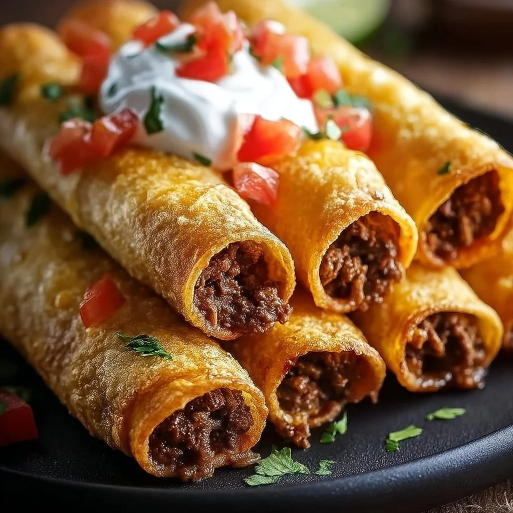 Crispy beef taquitos rolls served with salsa and guacamole