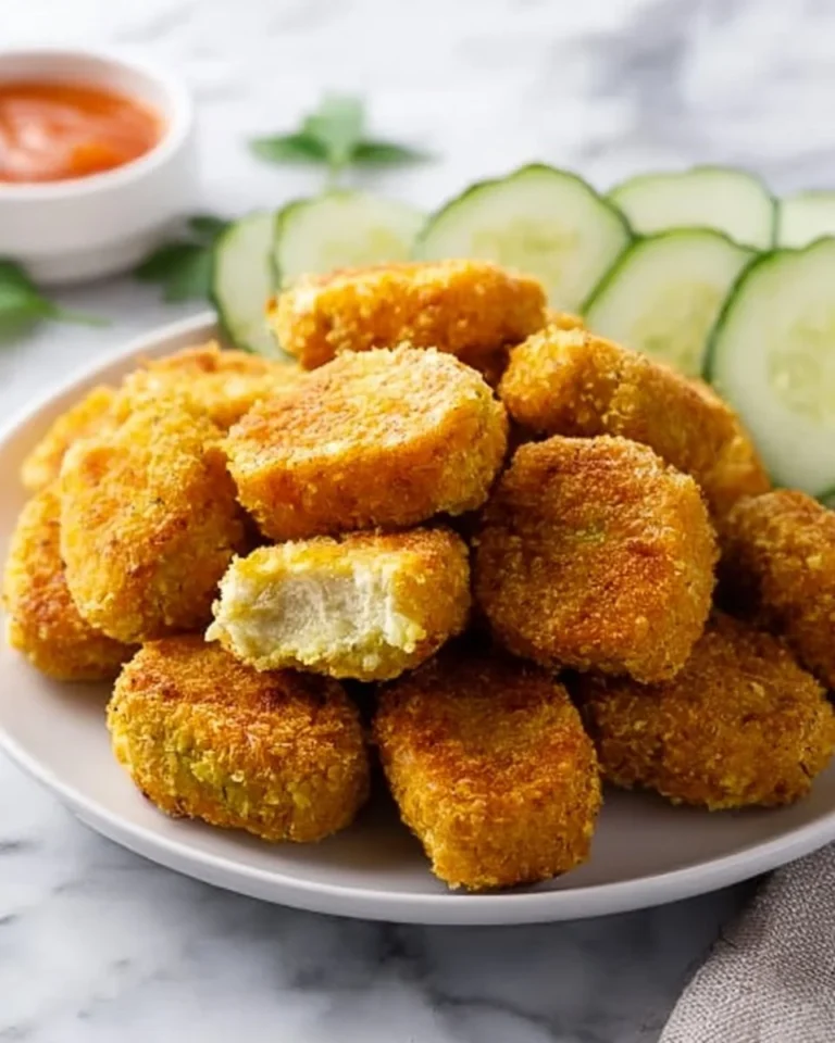 Plate of crispy chickpea vegetable nuggets with dipping sauce.