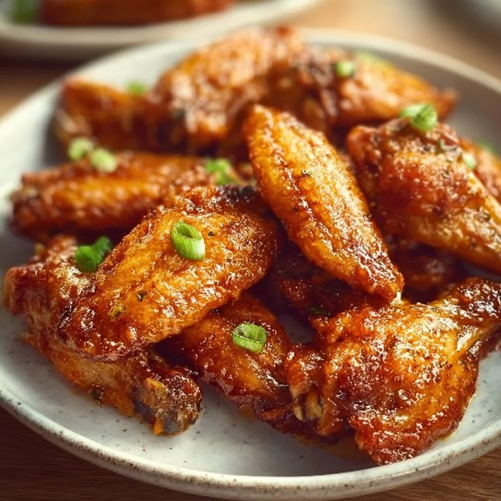 Plate of crispy Chinese chicken wings garnished with sesame seeds and green onions