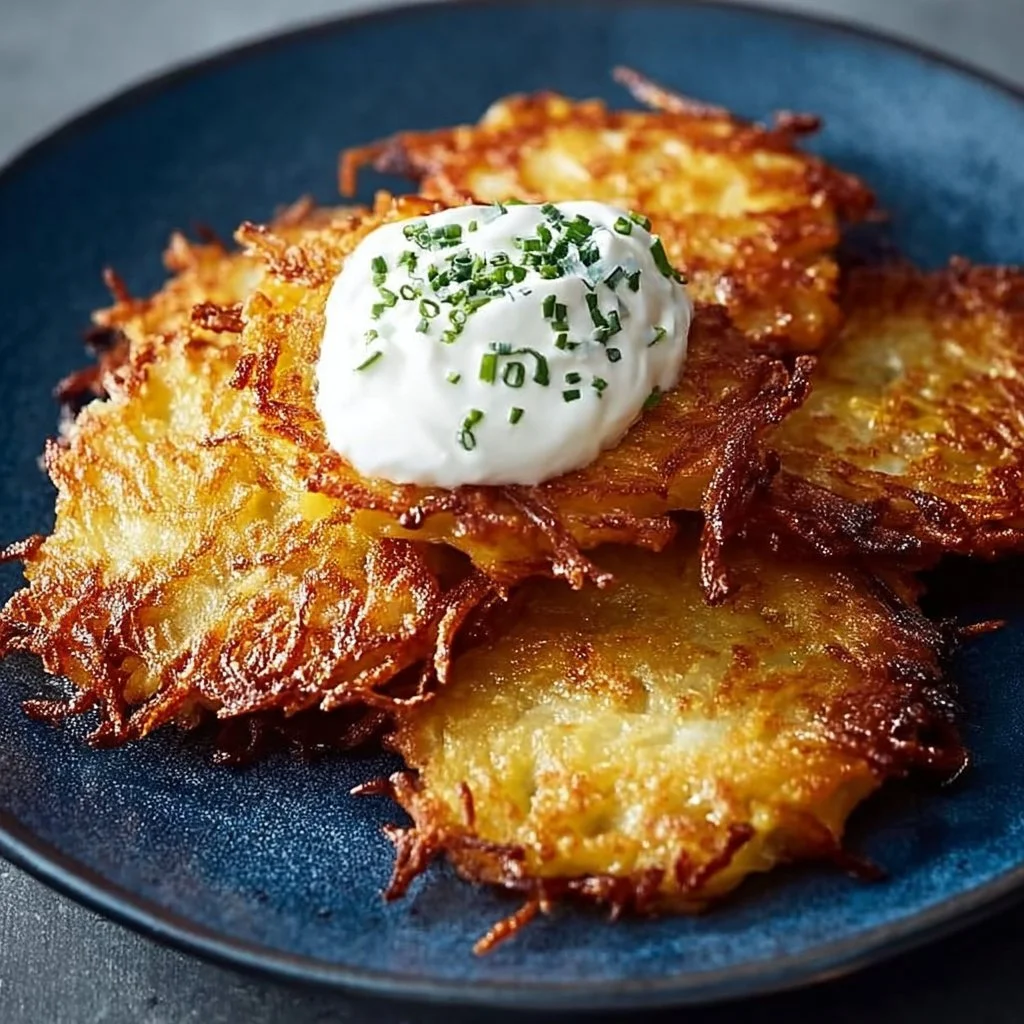 Crispy classic latkes served on a plate with sour cream and applesauce
