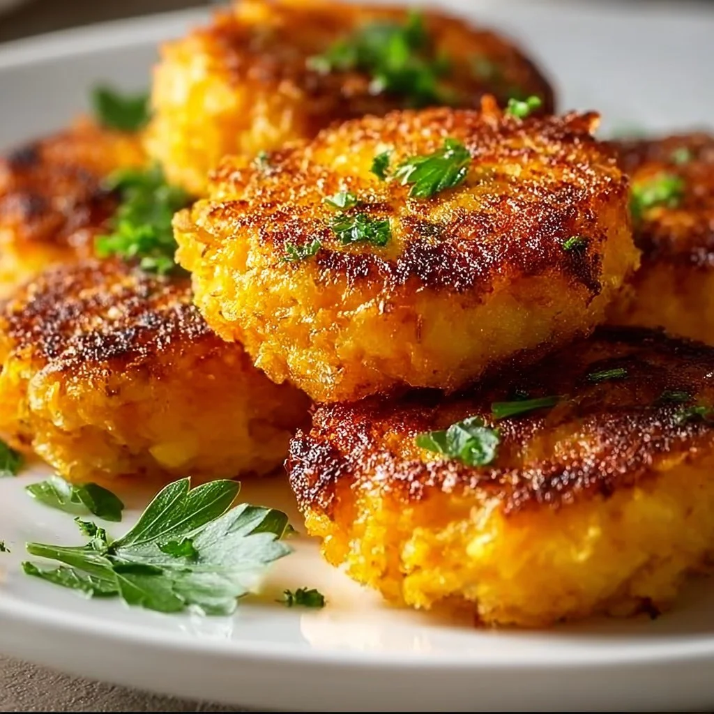 Crispy smashed carrot bites served on a plate with herbs and dipping sauce.