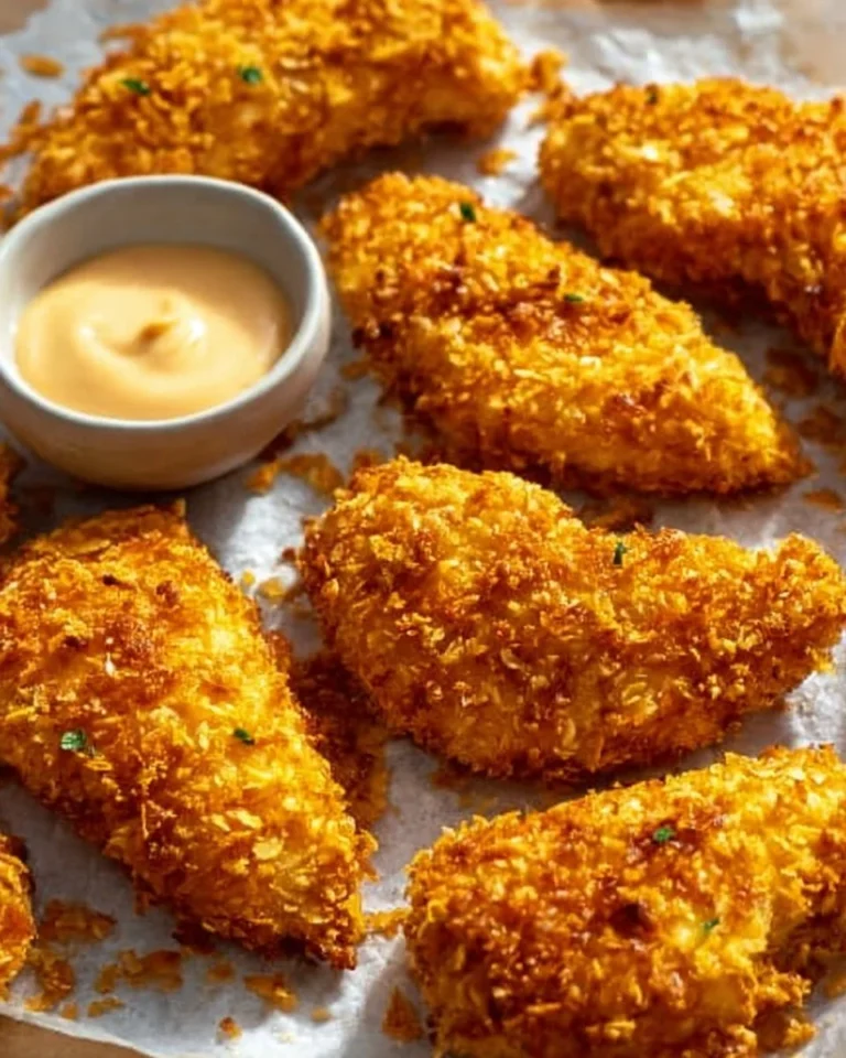 Crunchy Cornflake Chicken Tenders plated with dipping sauce