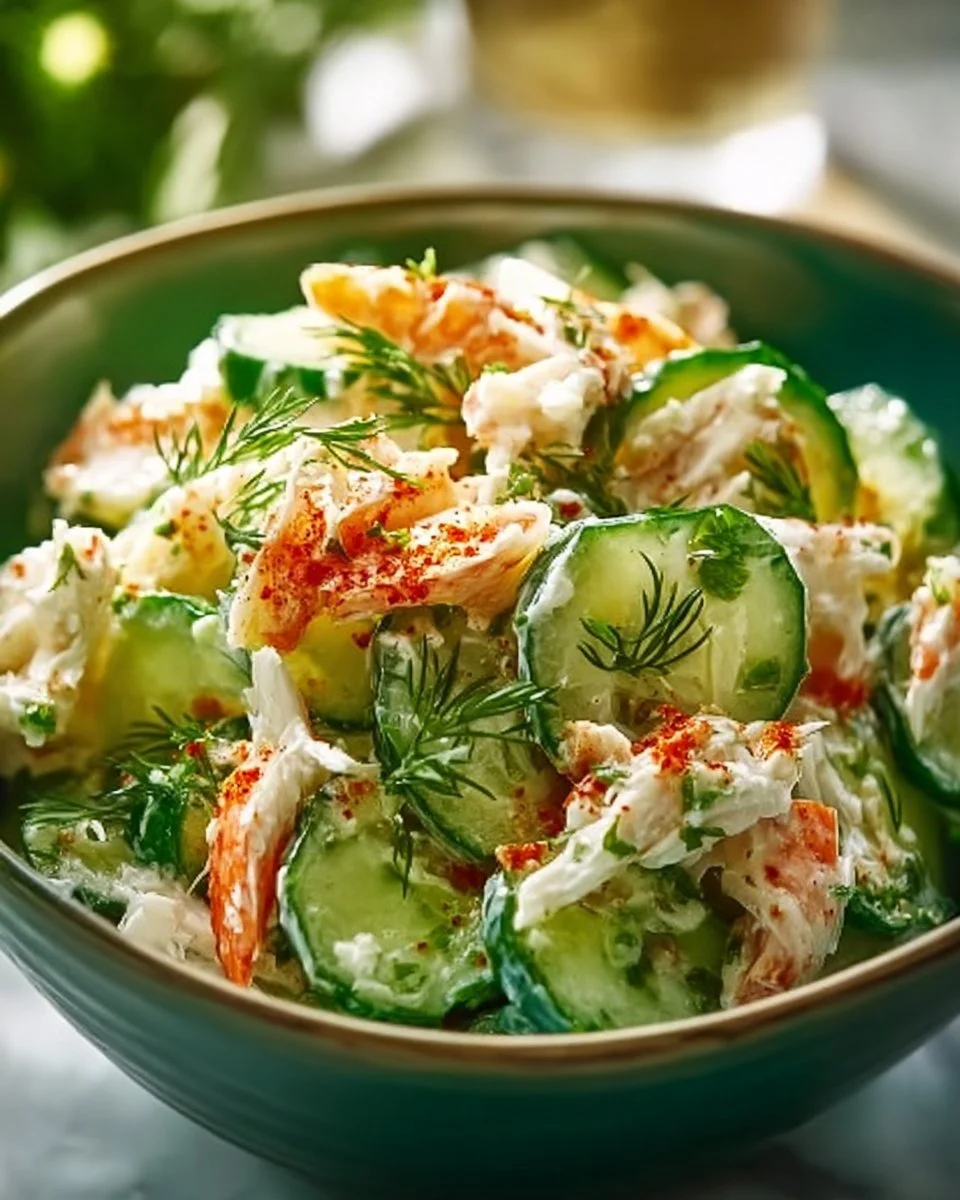 Cucumber salad topped with crab meat, a refreshing seafood dish.