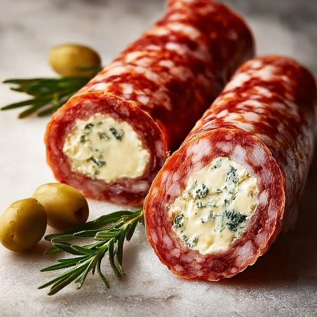 Delicious cheese salami roll-ups served as a tasty appetizer.