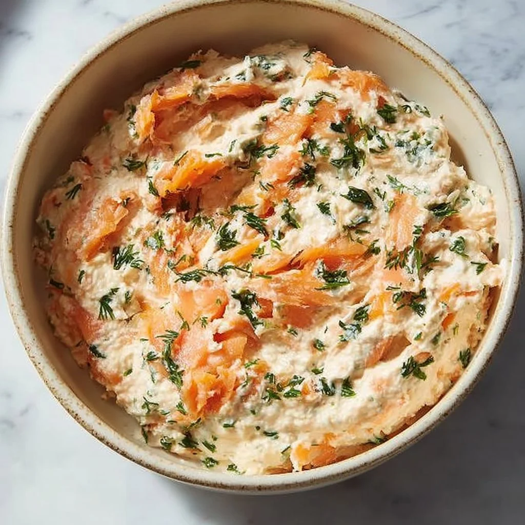 Delicious smoked salmon dip served in a bowl with crackers