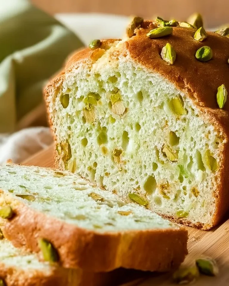 Slice of moist pistachio pudding bread topped with nuts