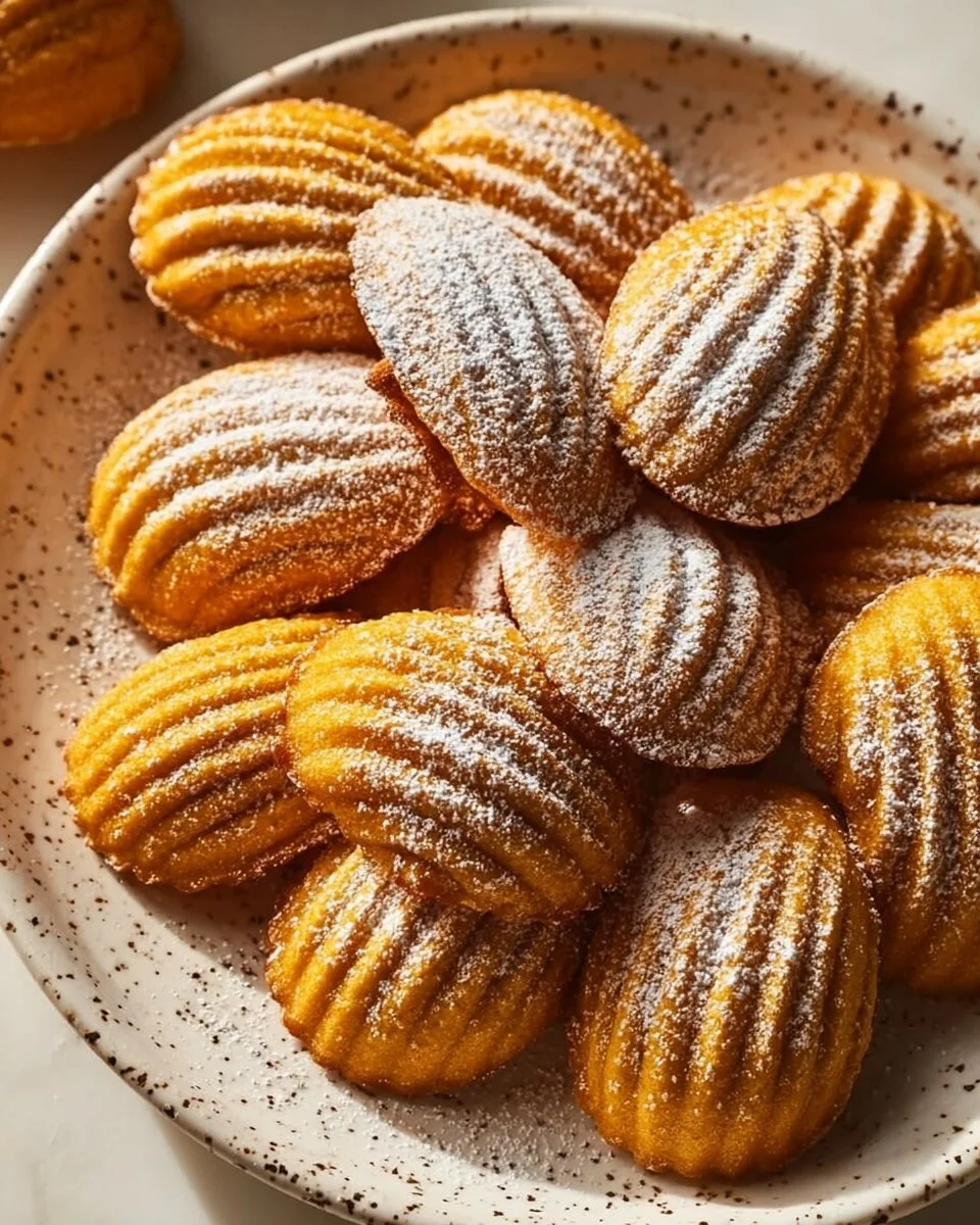 Freshly baked deliciously spiced pumpkin madeleines on a cooling rack