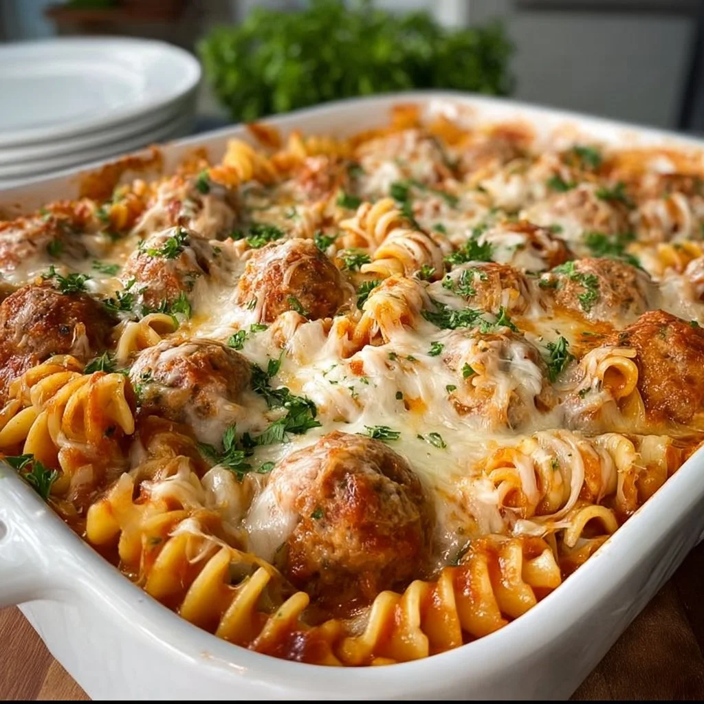 Delicious dump and bake meatball casserole ready to serve with melted cheese