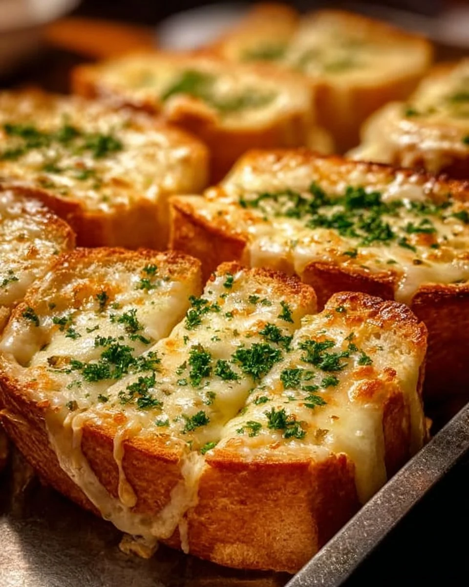 Easy cheesy garlic bread fresh out of the oven, melted cheese and garlic goodness.