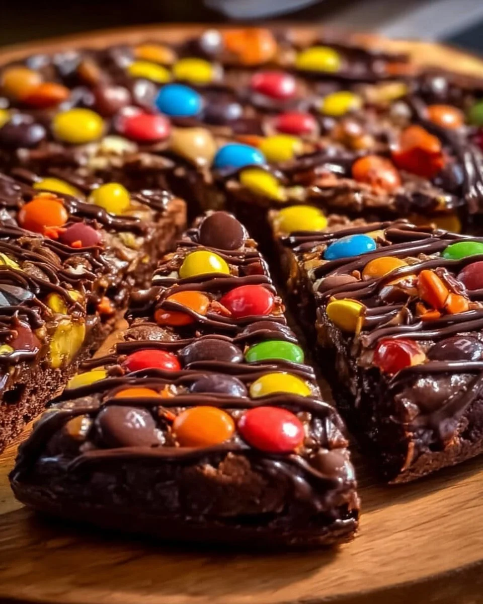 Delicious easy chocolate candy brownie pizza topped with treats