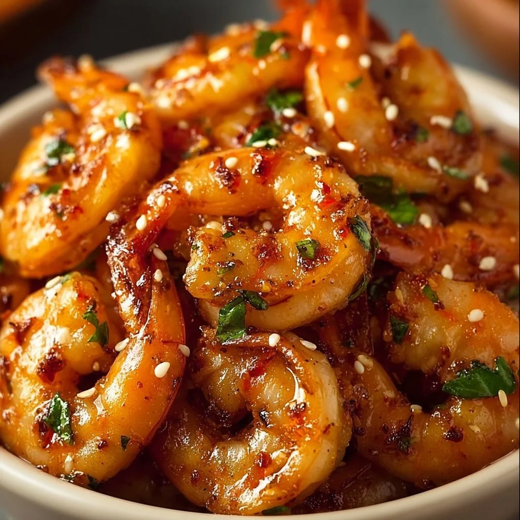 Plate of easy firecracker shrimp garnished with herbs