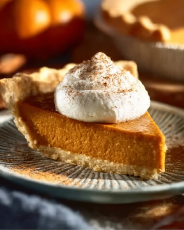 Slice of easy pumpkin pie with whipped cream and cinnamon on top