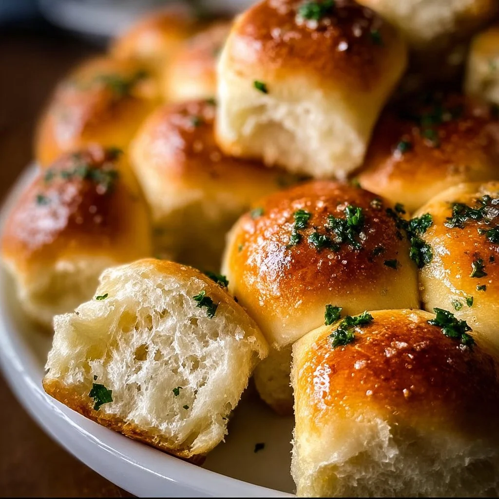 Freshly baked garlic bread rolls, golden brown and fluffy, served warm.
