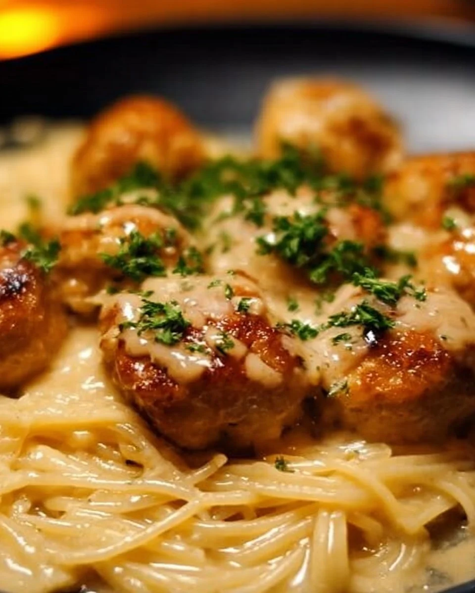 Garlic Butter Chicken Balls served with creamy pasta dish