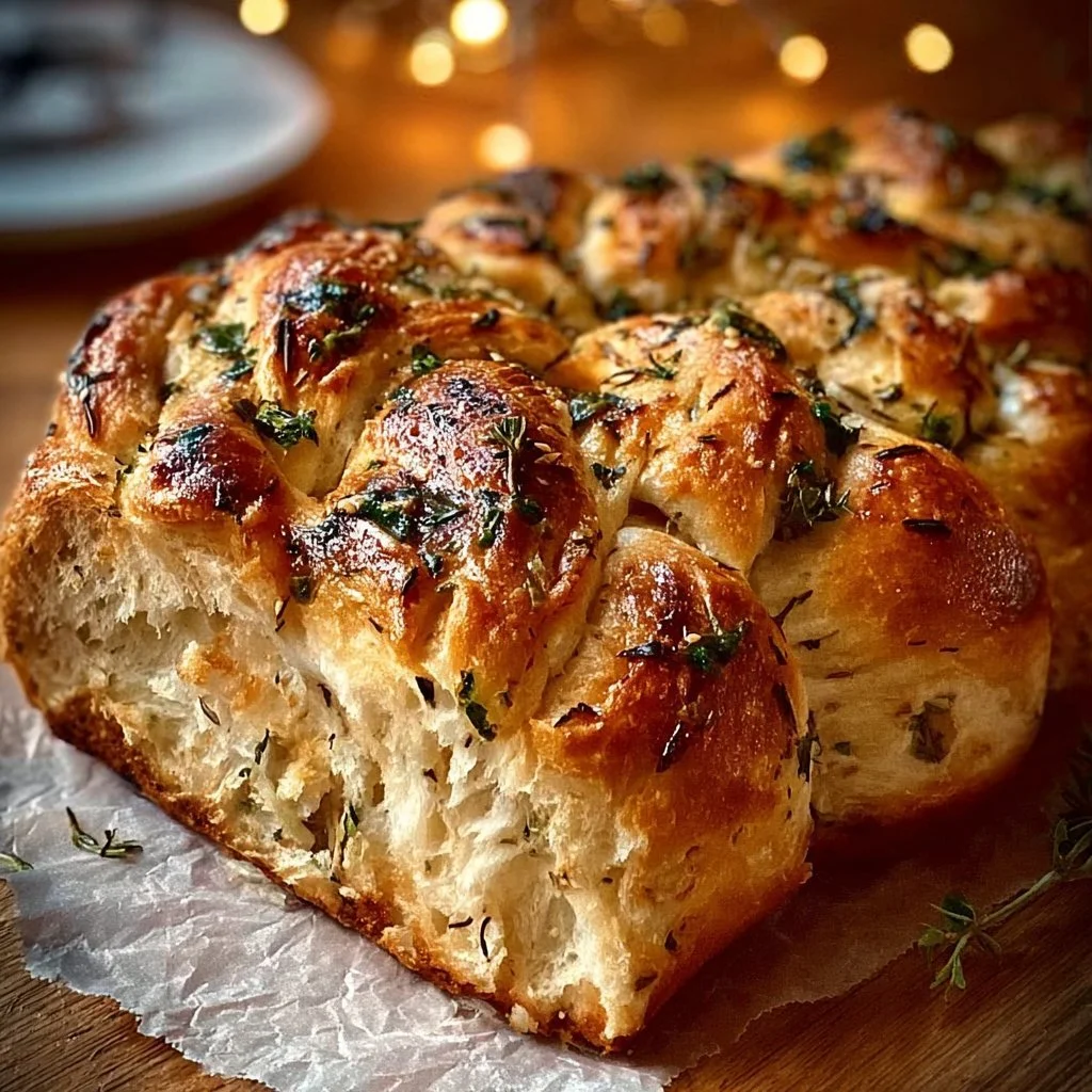 Freshly baked Garlic Herb Braided Bread displayed on a wooden table.