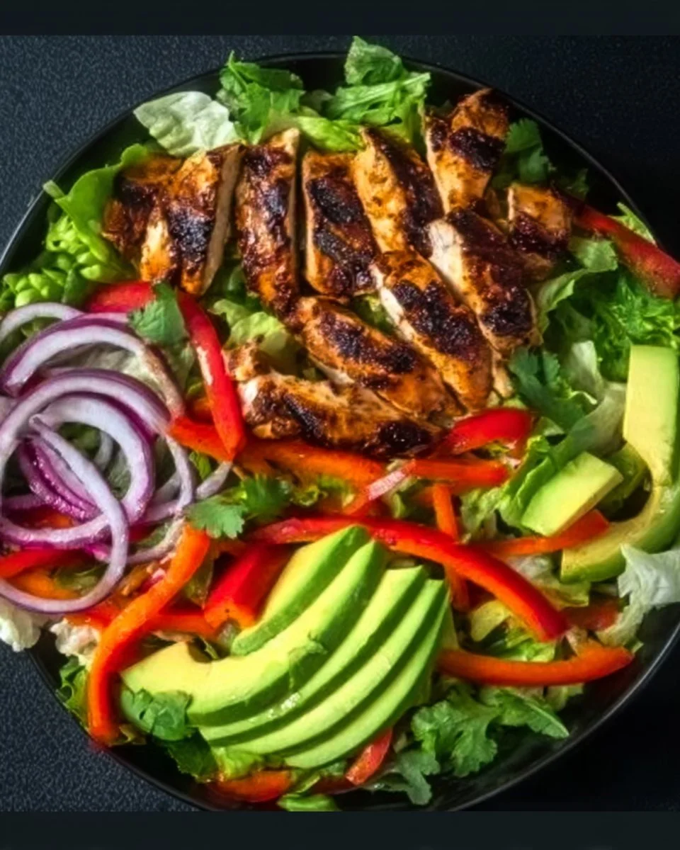 Grilled chili lime chicken salad with fresh vegetables and vibrant garnishes