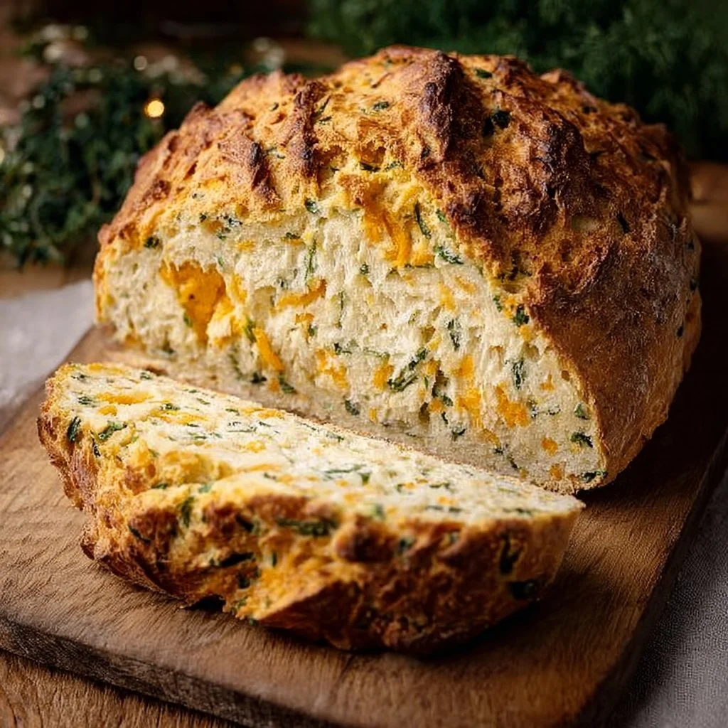 Freshly baked hearty cheddar and herb soda bread on a wooden cutting board.