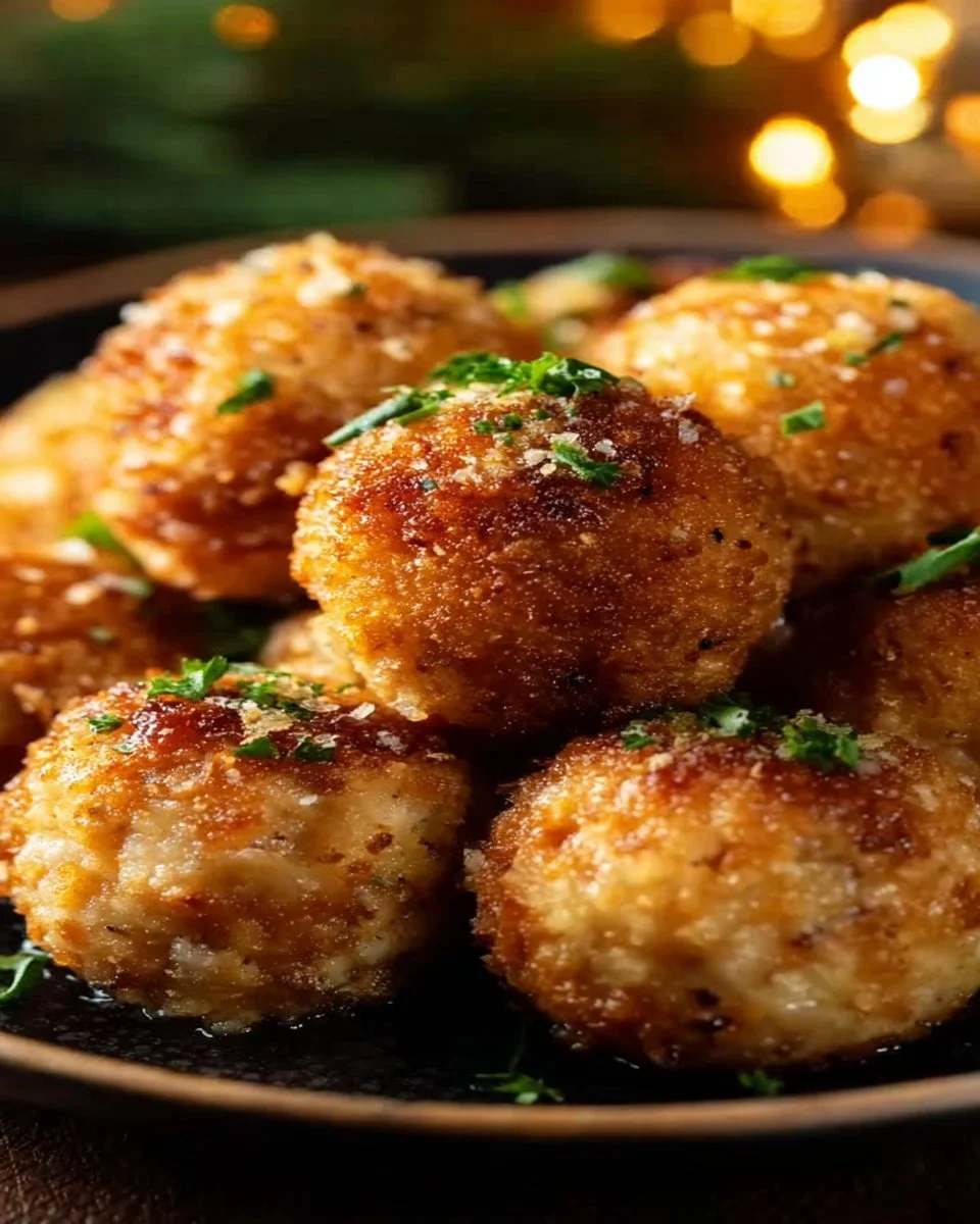 Homemade Holiday Turkey Stuffing Balls served on a festive plate.