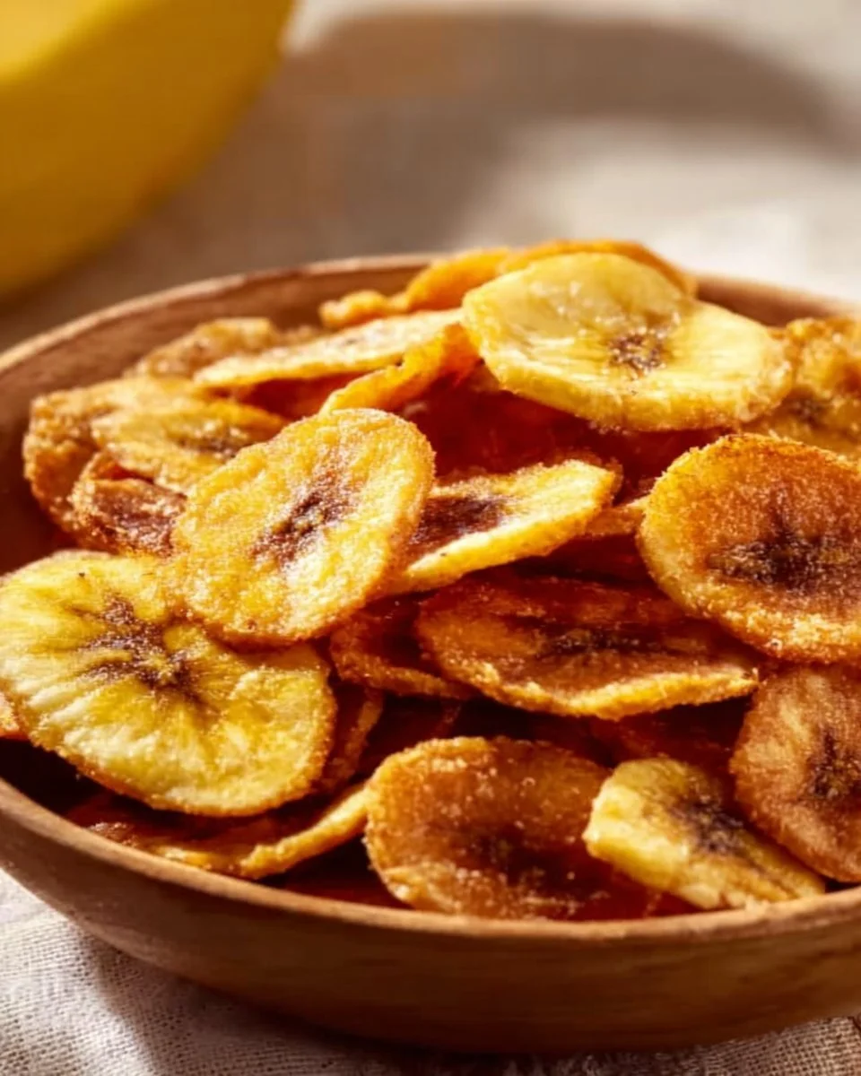 Delicious homemade air-fried banana chips on a wooden table