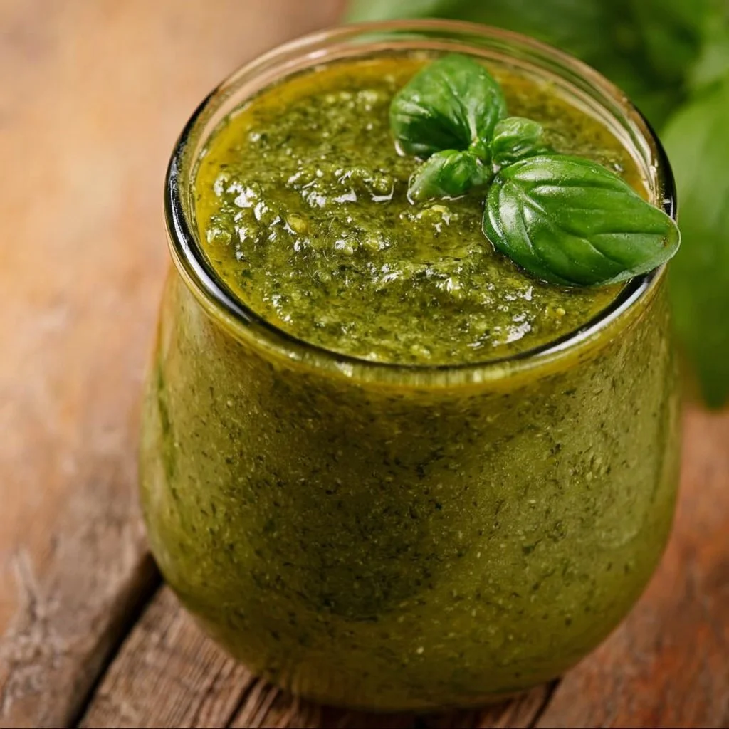 Bowl of homemade pesto sauce made with fresh basil, garlic, and nuts.