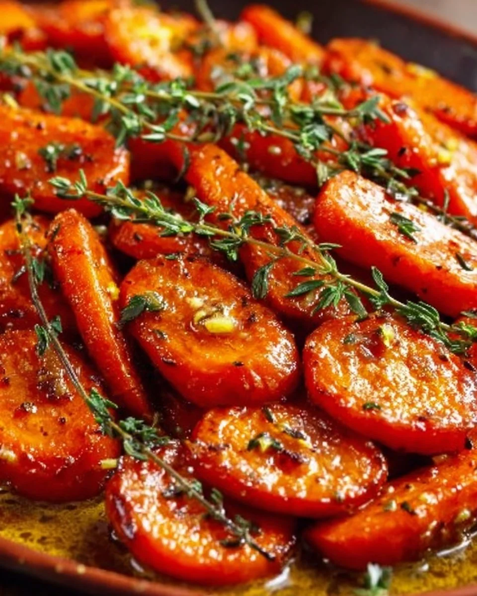 Honey garlic butter roasted carrots dish, garnished and ready to serve.