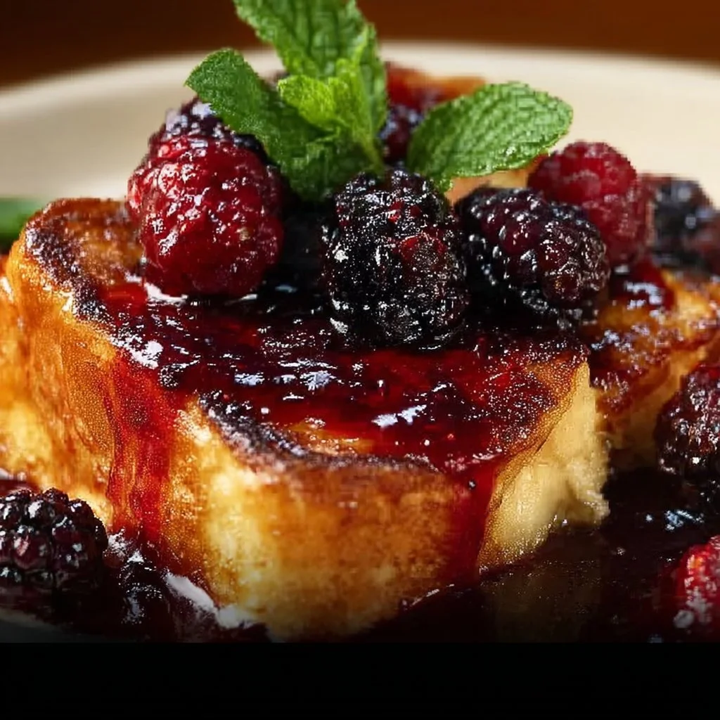 Irresistible brioche French toast casserole topped with fresh blackberries