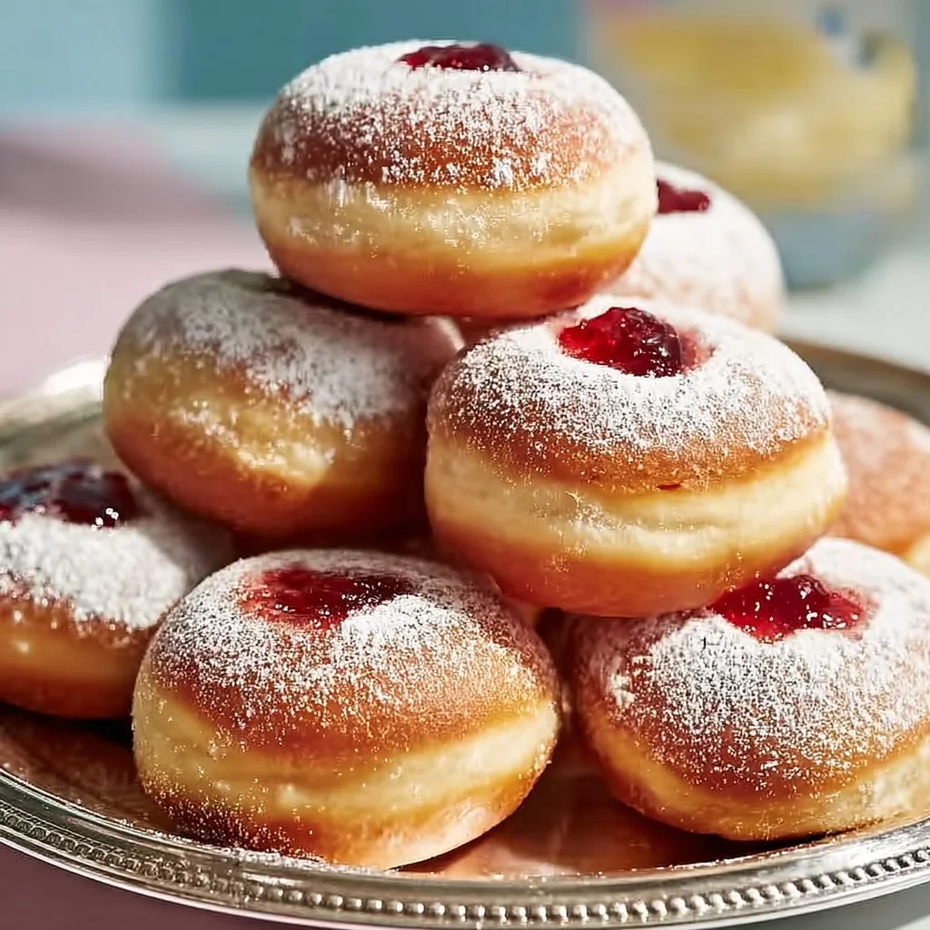 Freshly baked jelly donuts filled with fruity jam and dusted with powdered sugar
