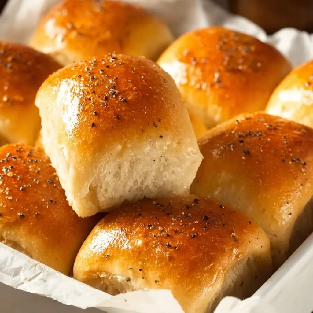 Freshly baked Parker House Rolls served with rosemary honey butter