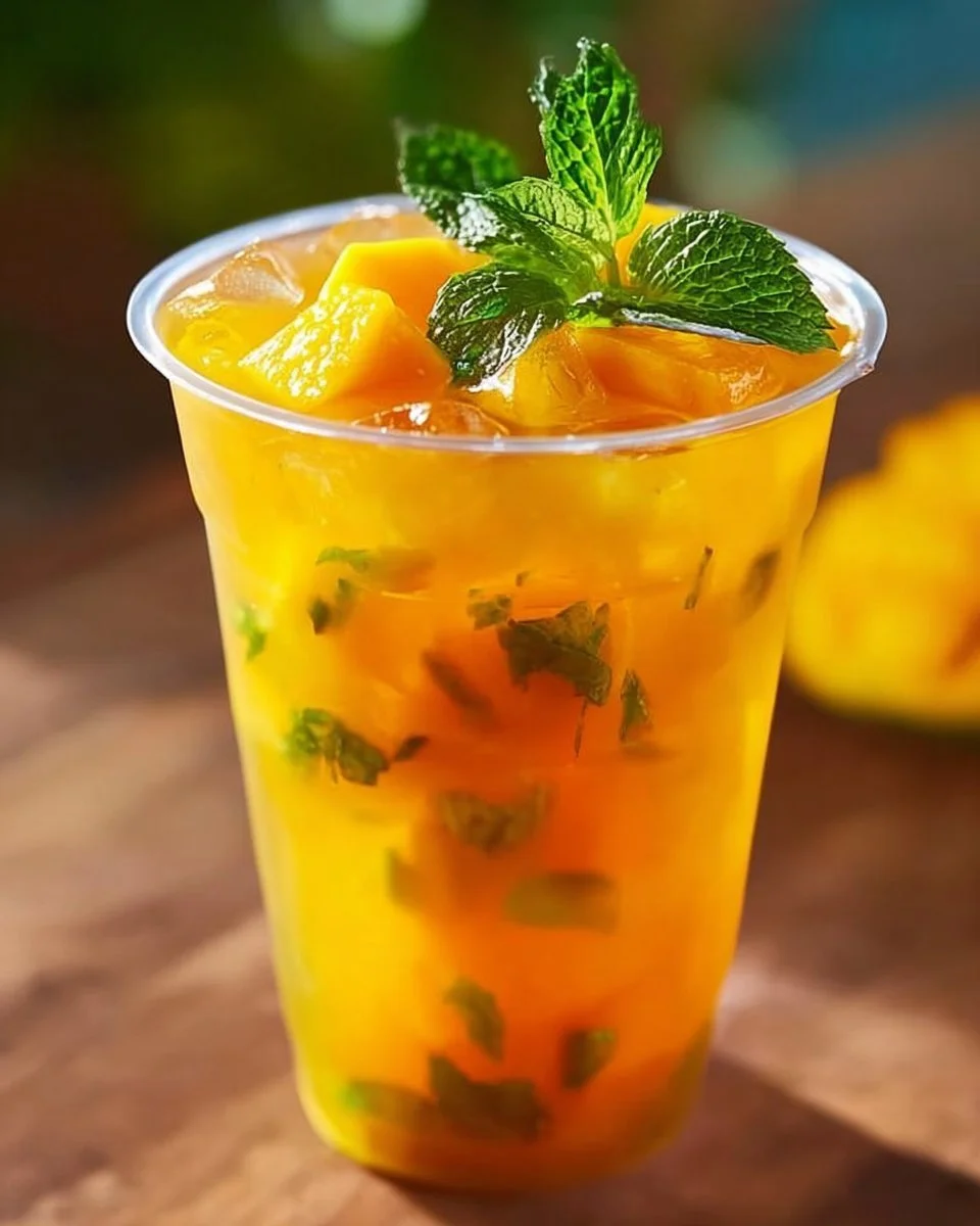 Glass of refreshing Mango Iced Tea with mango slices and mint leaves