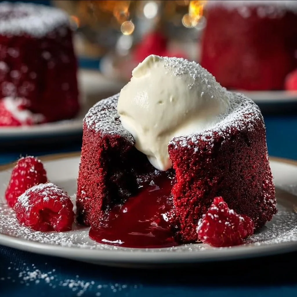 Molten red velvet cakes with creamy topping served on a plate