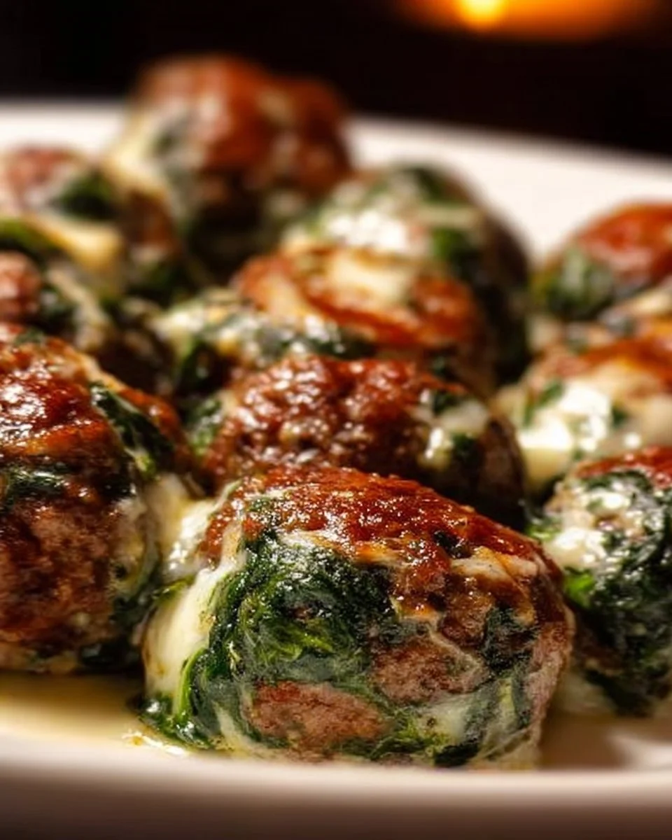 Mozzarella-stuffed spinach garlic meatballs on a plate