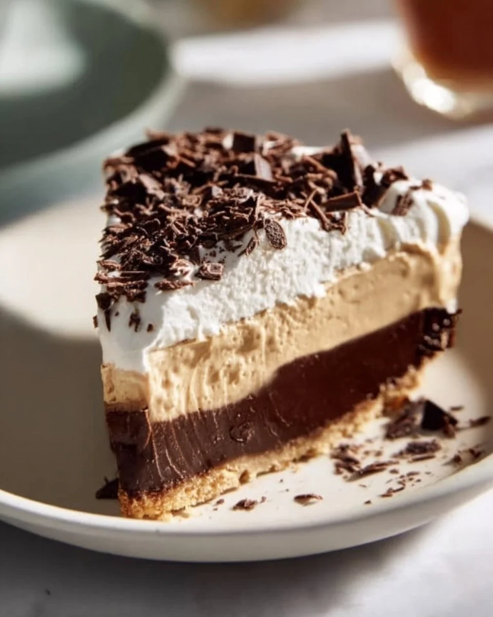 Delicious no bake peanut butter pie topped with whipped cream and chocolate