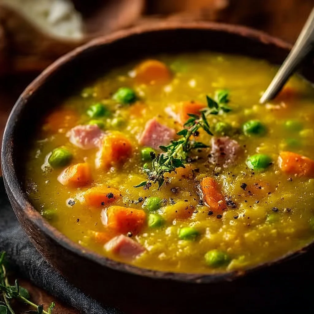 Bowl of nourishing split pea soup garnished with herbs and vegetables