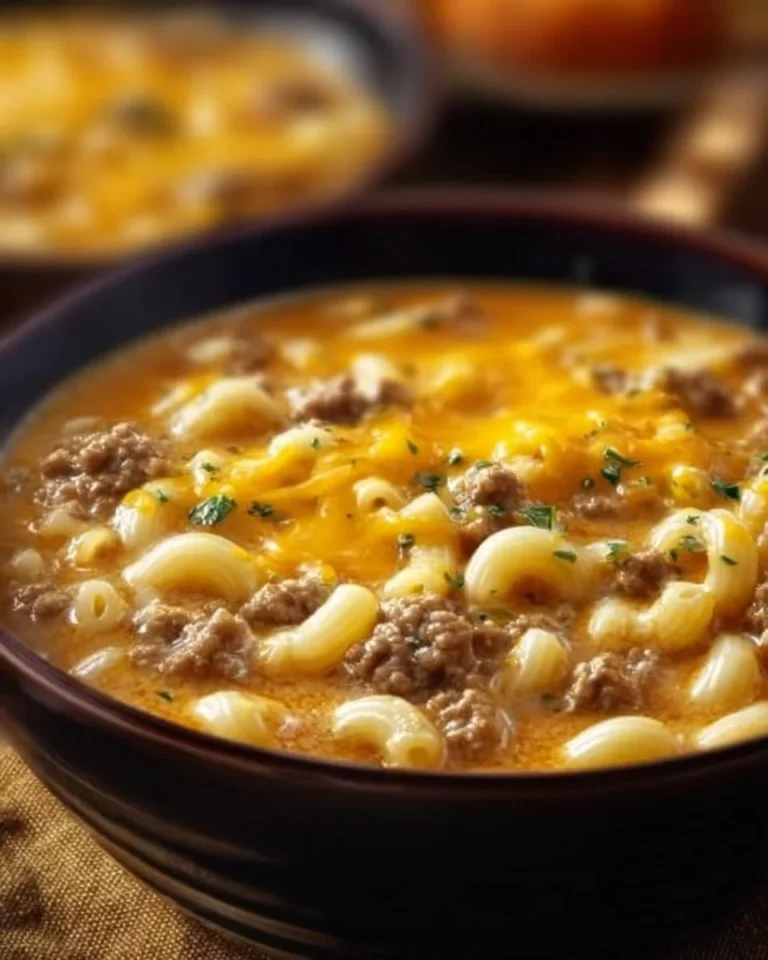 Delicious one-pot macaroni cheeseburger soup with cheese and ground beef