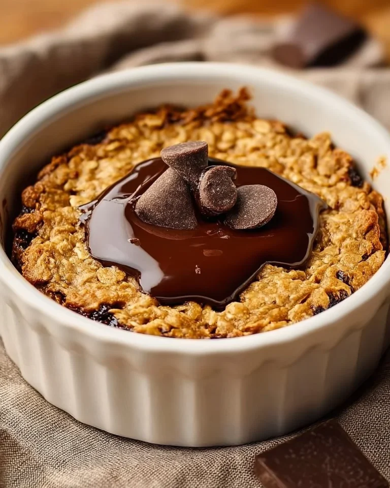 Baked oats with peanut butter and chocolate in a bowl