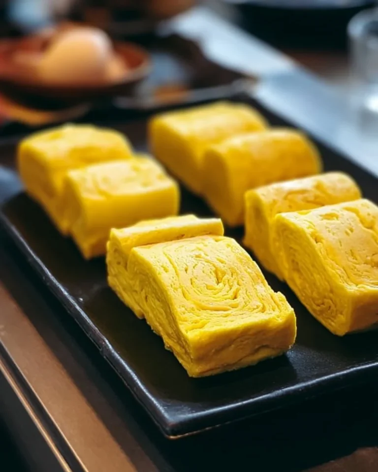 Perfectly cooked Tamagoyaki Japanese omelette on a plate.