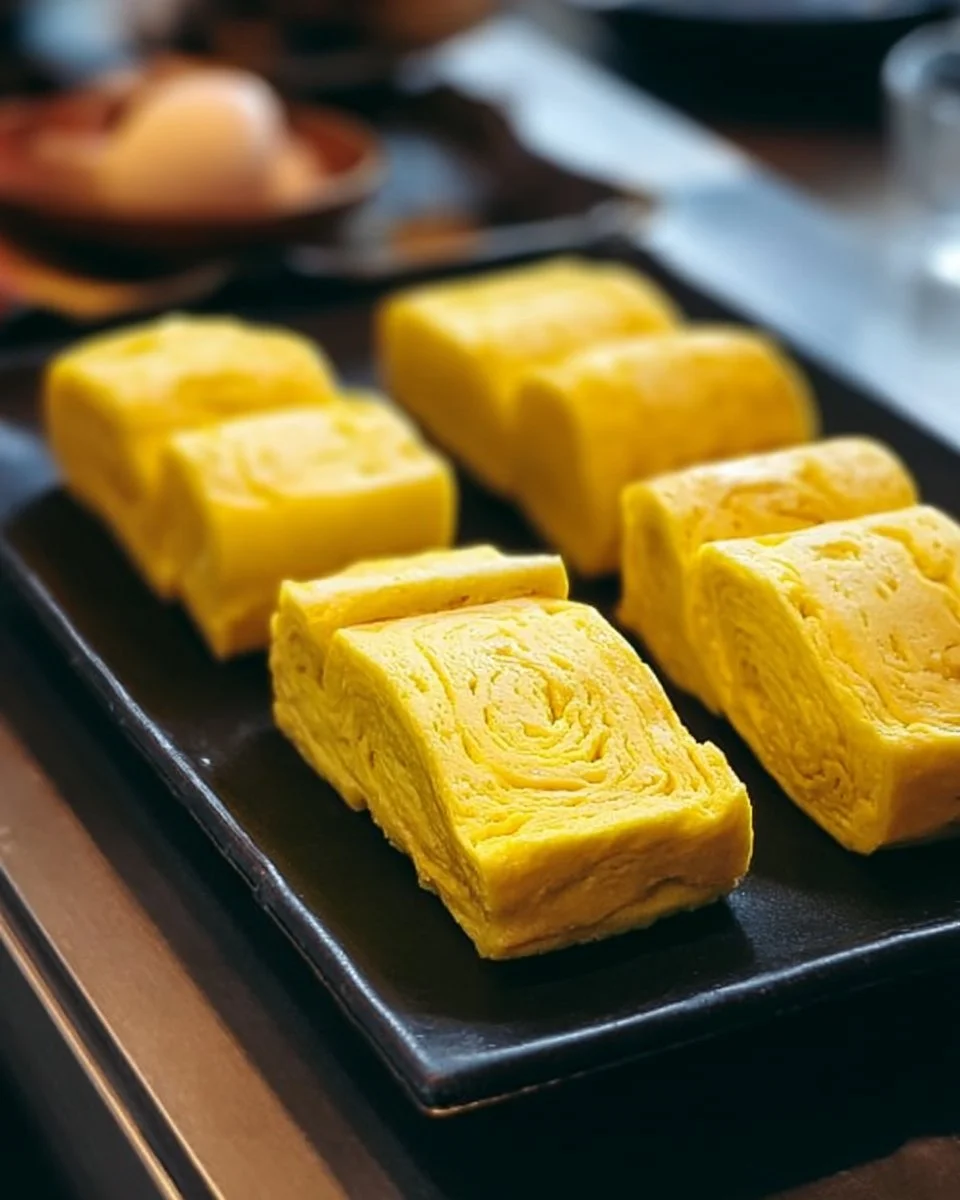 Perfectly cooked Tamagoyaki Japanese omelette on a plate.