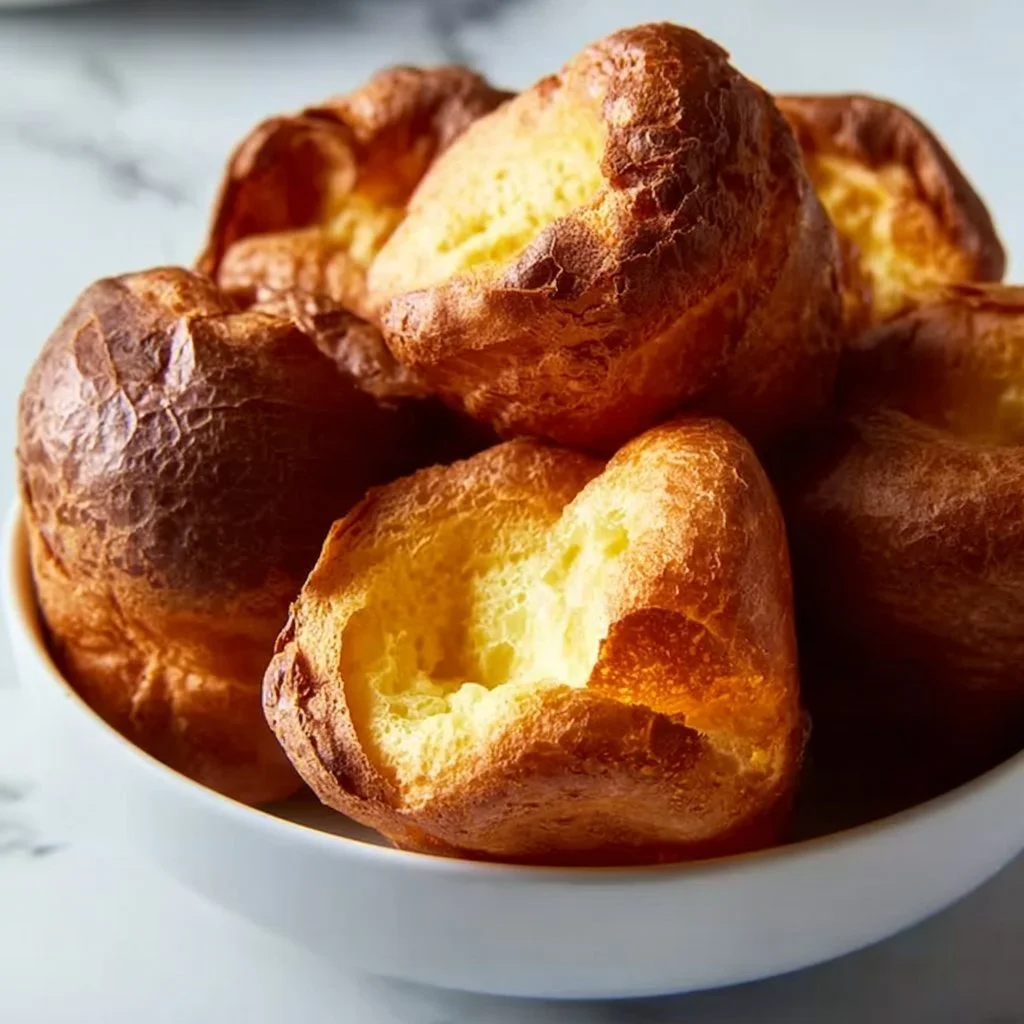 Freshly baked, fluffy popovers served on a wooden table