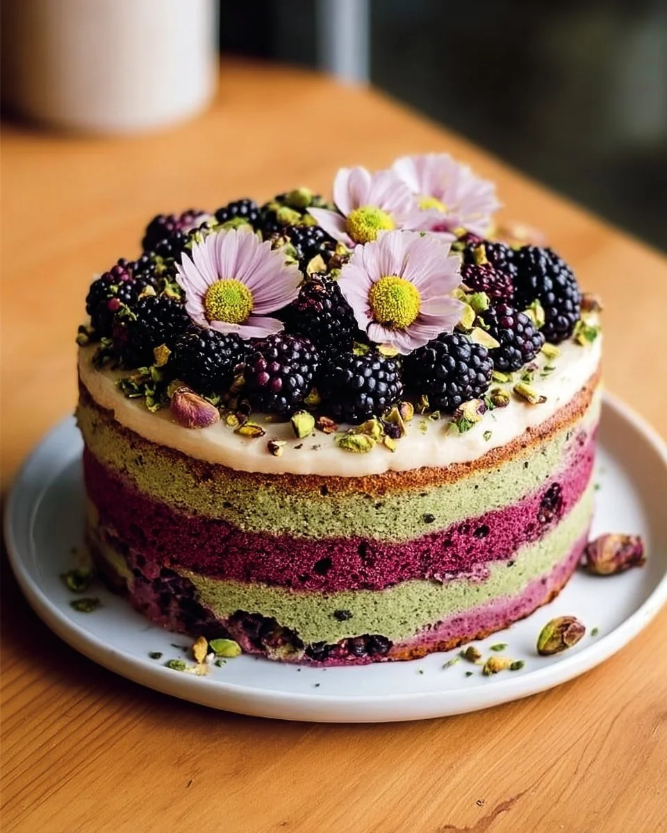 Pistachio and Blackberry Olive Oil Cake topped with fresh berries and nuts.