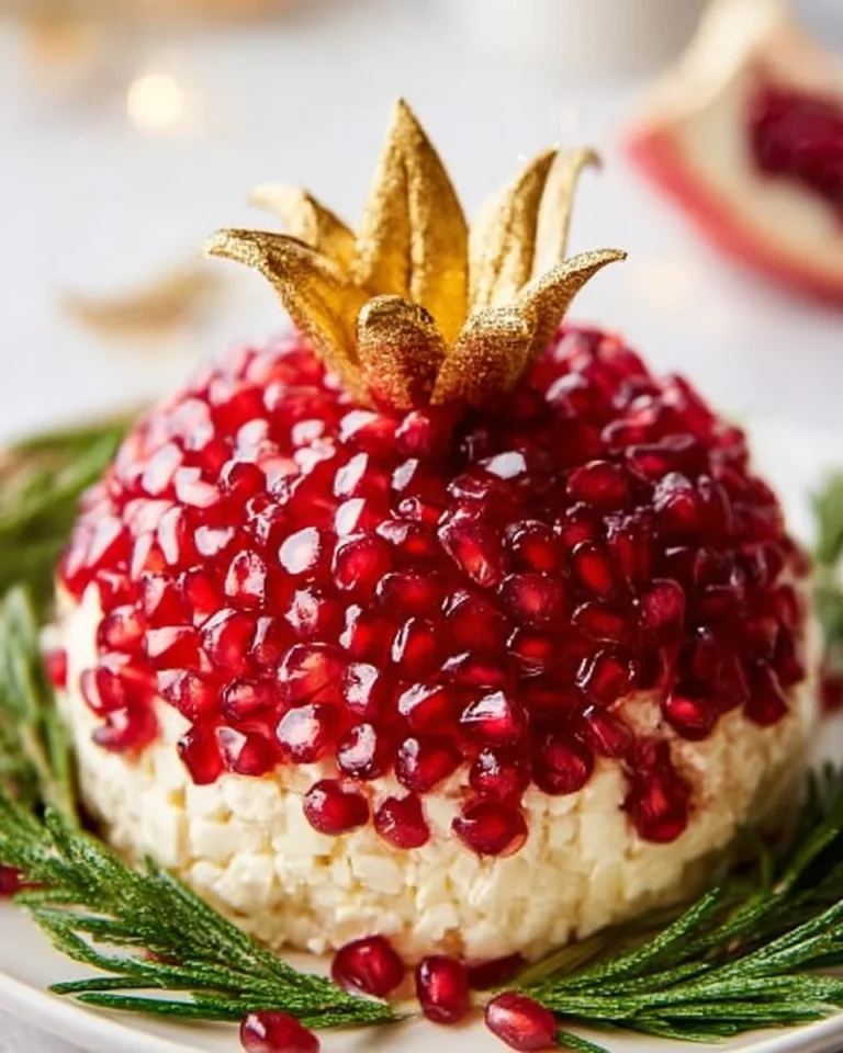 Pomegranate Christmas cheese ball garnished with fresh herbs and pomegranate seeds.
