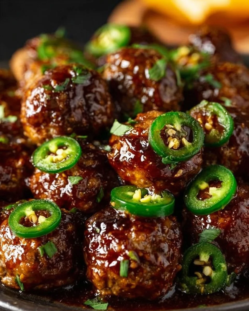 Pumpkin BBQ Jalapeño Meatballs served on a platter with sauce