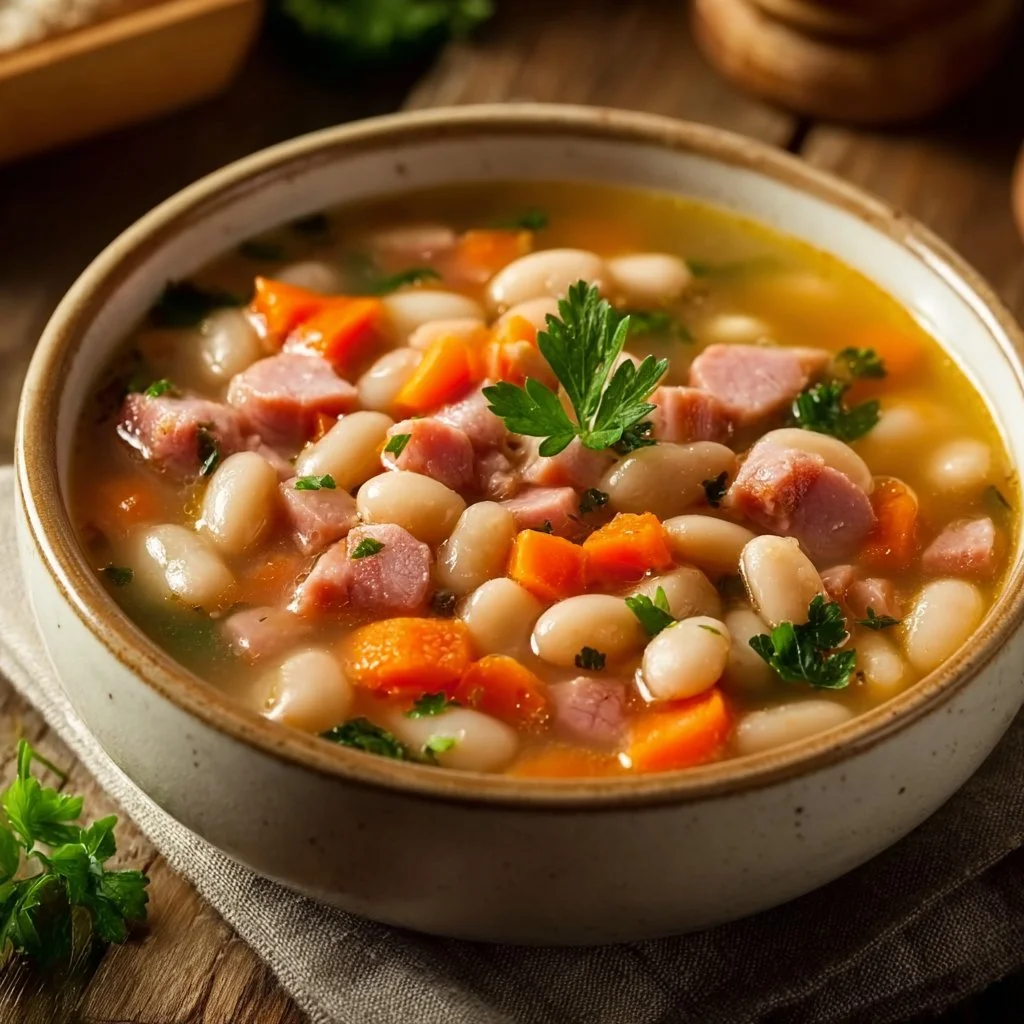 Bowl of quick ham and bean soup with fresh herbs and ingredients