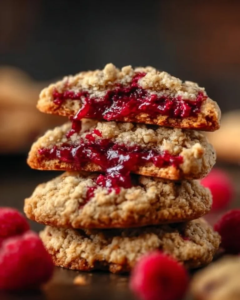 Plate of homemade raspberry crumble cookies with crumbs on top, showcasing a delicious dessert.