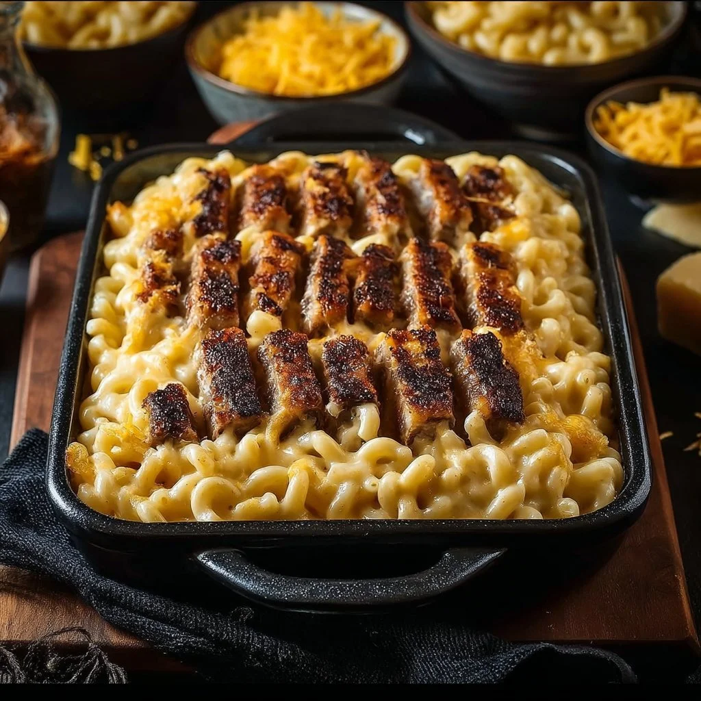 Delicious Rib Cage Mac & Cheese with creamy cheese sauce and rib toppings