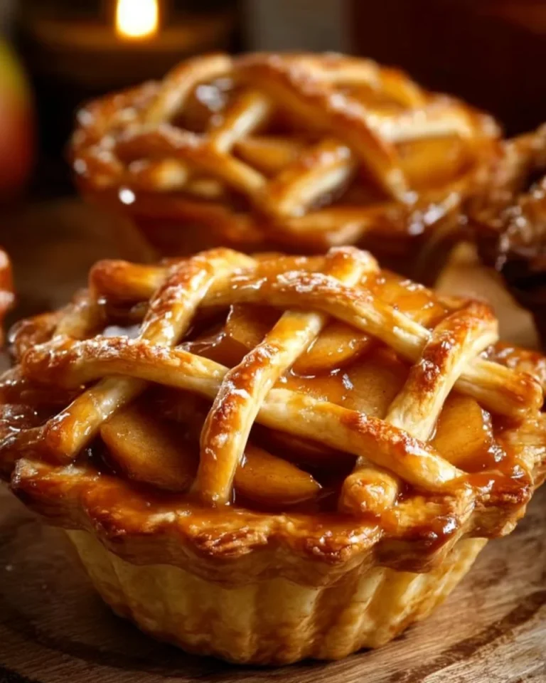 Delicious salted caramel apple mini pies on a wooden table