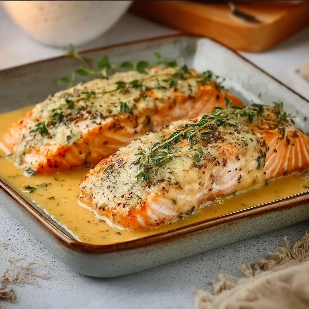 Savory baked salmon with a creamy cheese crust on a plate