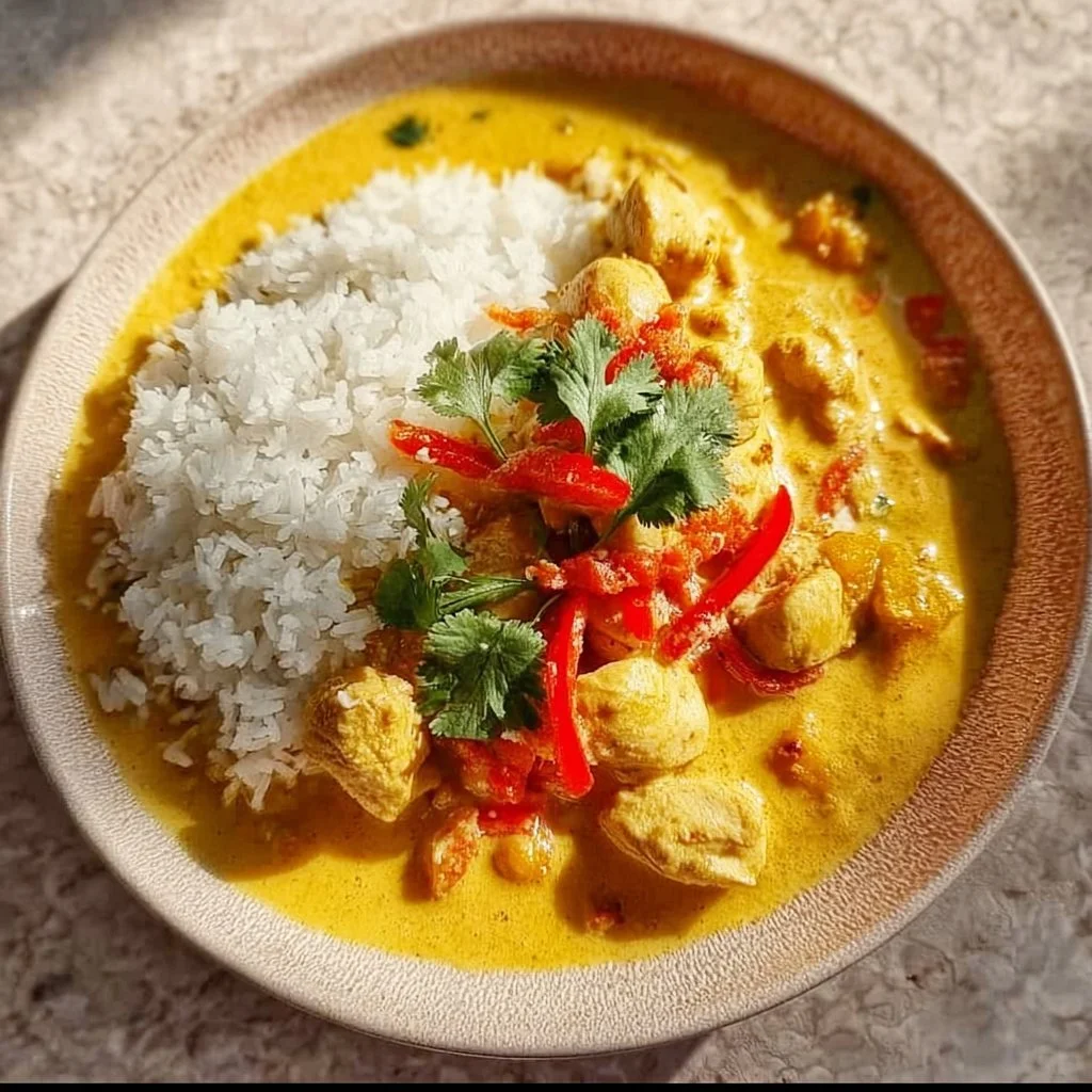 Savory chicken pumpkin curry served in a bowl with herbs and spices