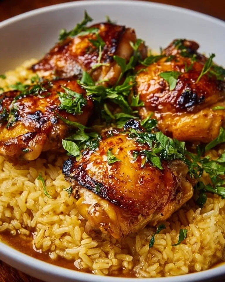 Savory chicken thighs served with rice in a delicious dinner plate.