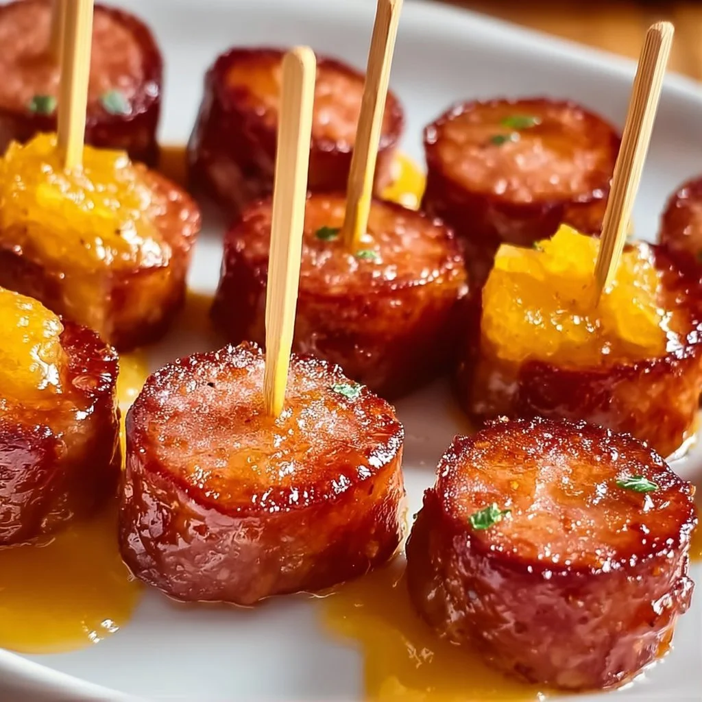 Savory kielbasa bites on skewers with sweet pineapple chunks