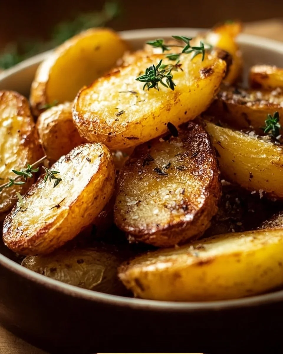 Savory vinegar fingerling potatoes served on a plate.